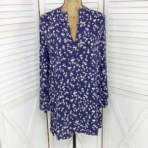 In Bloom Floral Bell Sleeve Tunic Shirt Dress Blue White Small